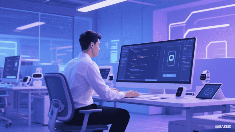 A man in a white shirt and black pants is sitting in an office chair, intently tapping on a computer keyboard and working on code writing