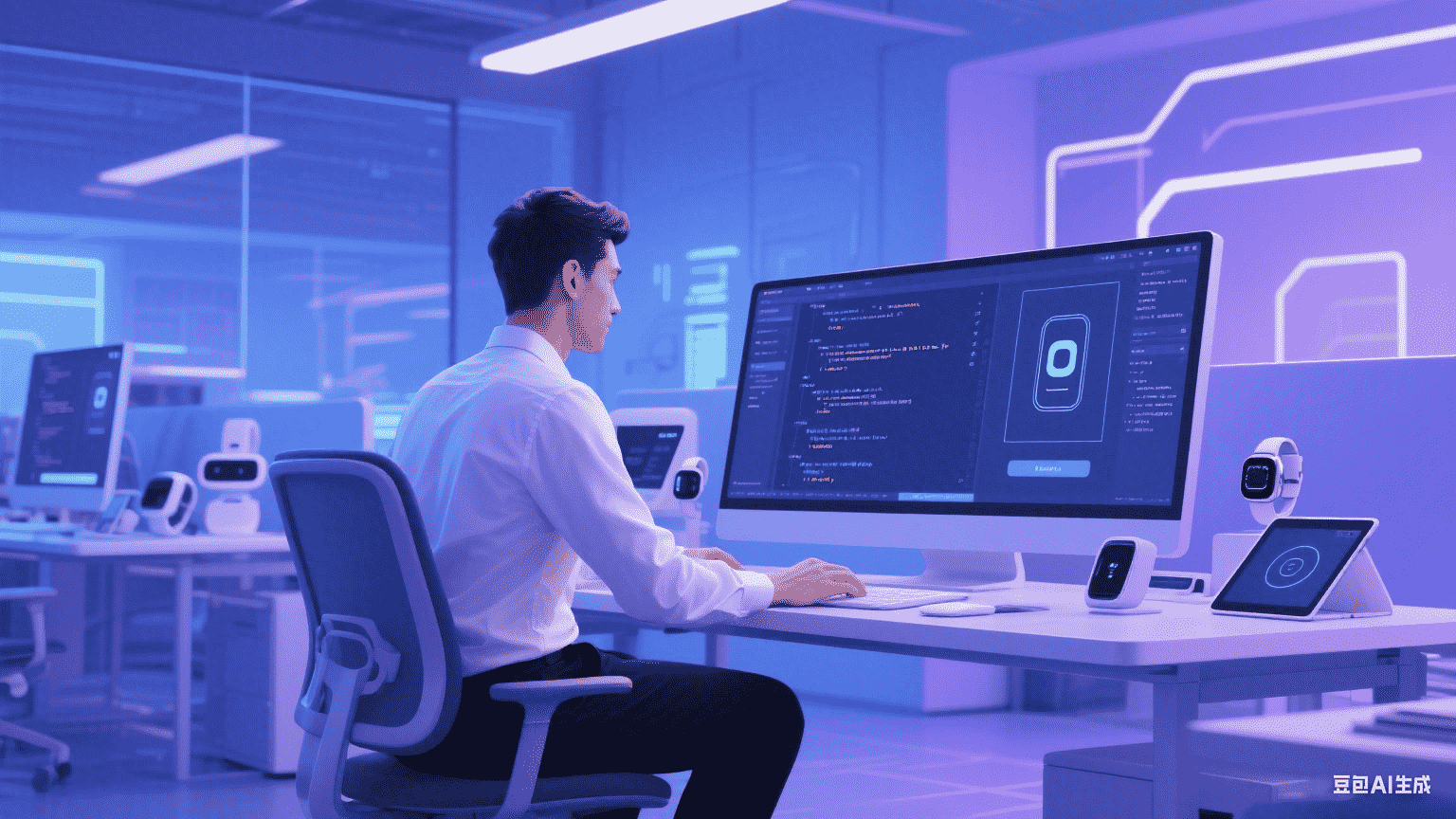 A man in a white shirt and black pants is sitting in an office chair, intently tapping on a computer keyboard and working on code writing